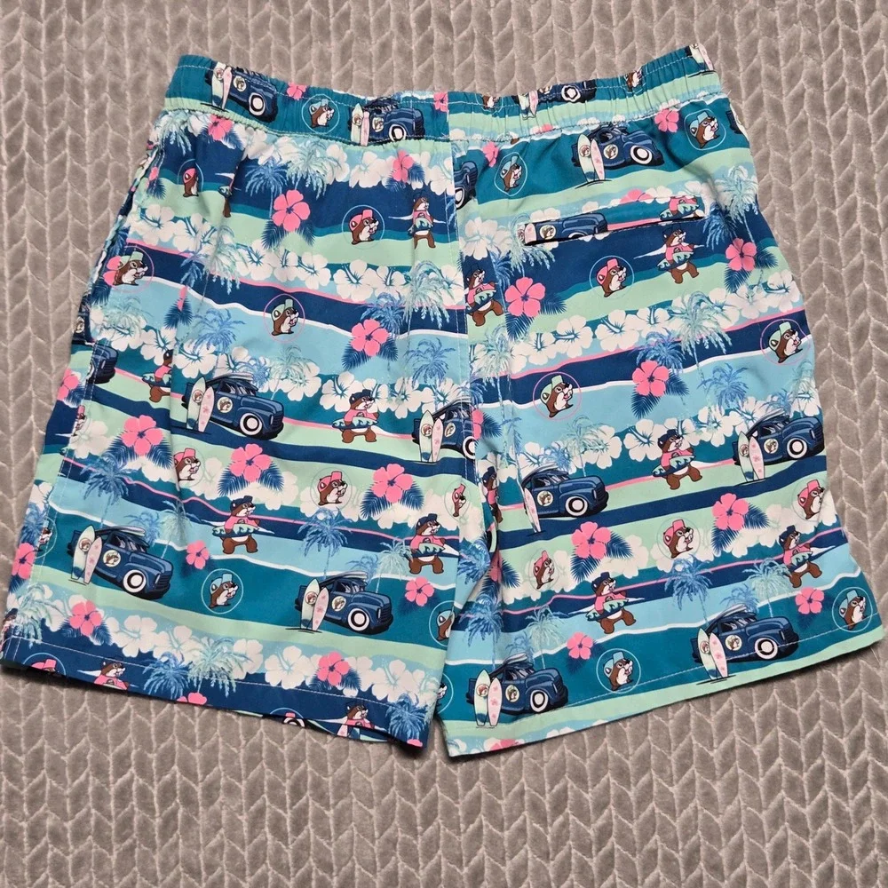 Buc-ee's Mens Blue Tropical Surfboard Beaver Swim Trunks Shorts 2X Woody Car